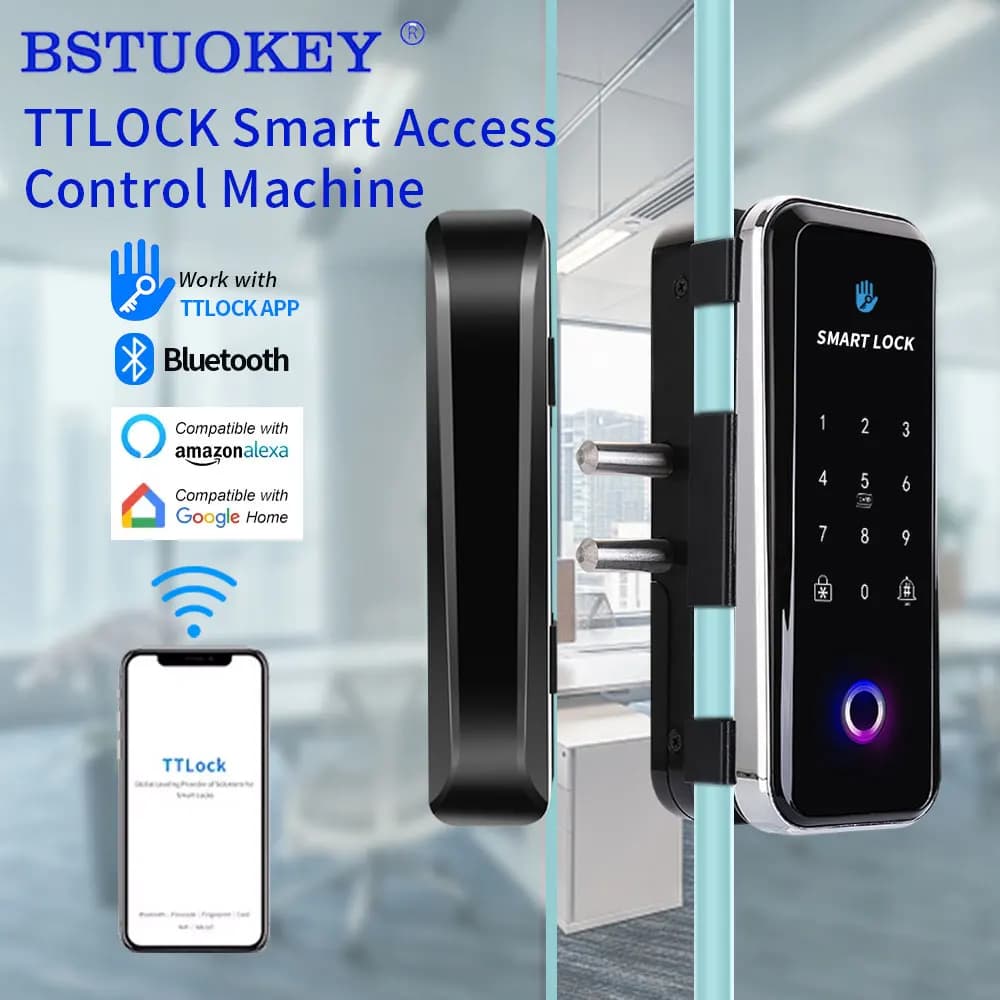 Fingerprint Bluetooth TTLOCK APP RFID Card Code serratura intelligente elettronica per porta scorrevole in vetro senza cornice senza chiave senza cablaggio