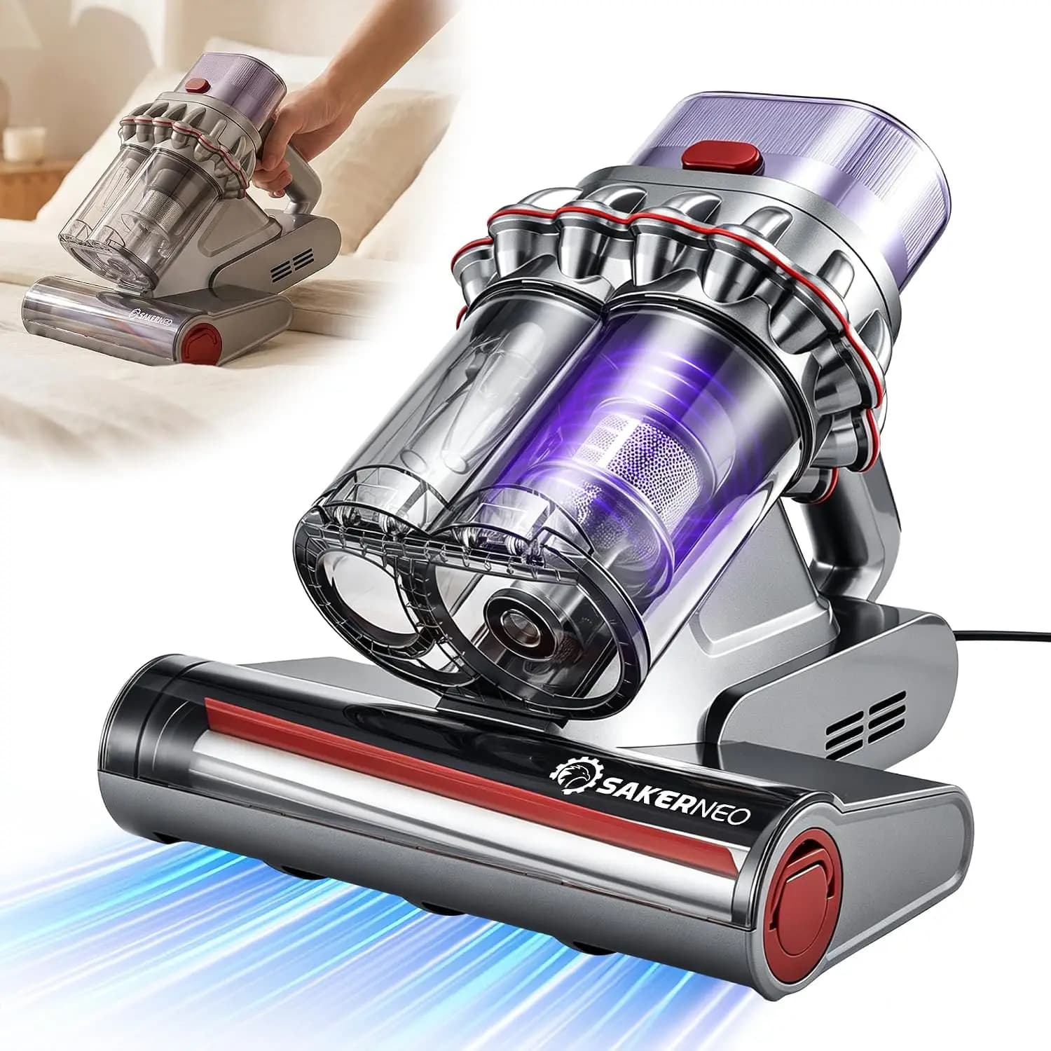 Bed Vacuum Cleaner with Digital Display, 14kPa Suction, HEPA Filter, Handheld for Mattress, Carpet, Sofa, Pet Hair