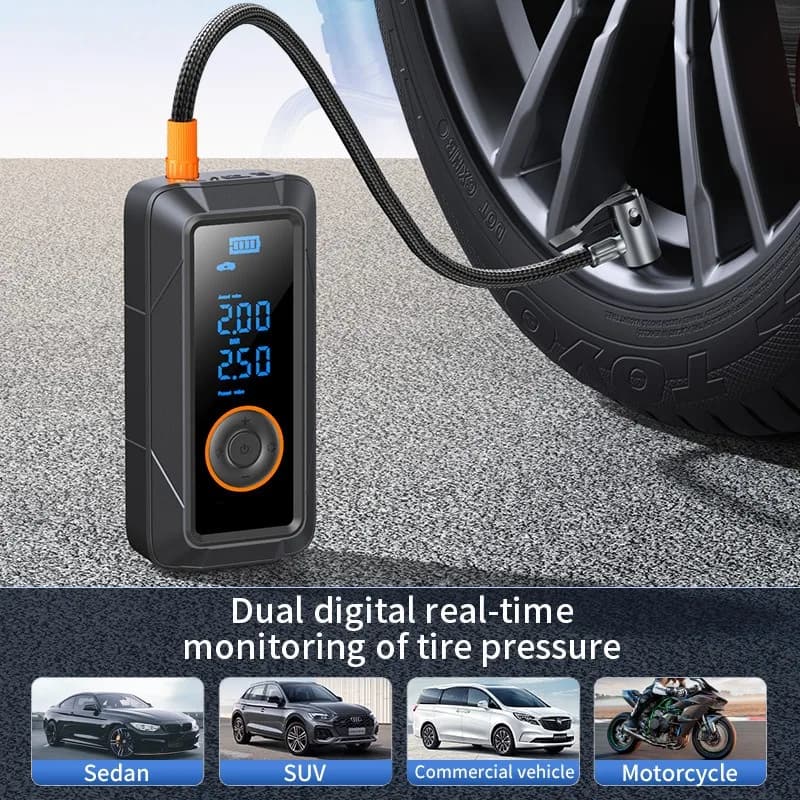 Pompa Elettrica Wireless per Gonfiaggio Pneumatici Auto, Compressore d'Aria Portatile con Display LCD per Auto, Bici, Moto e Palloni