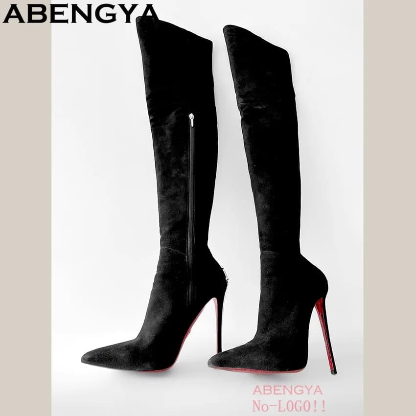ABENGYA High Knee Boots in Sexy Black Suede Leather for Women Long Party Boots with Sexy Rhinestone Heels Autumn High Boots for Women