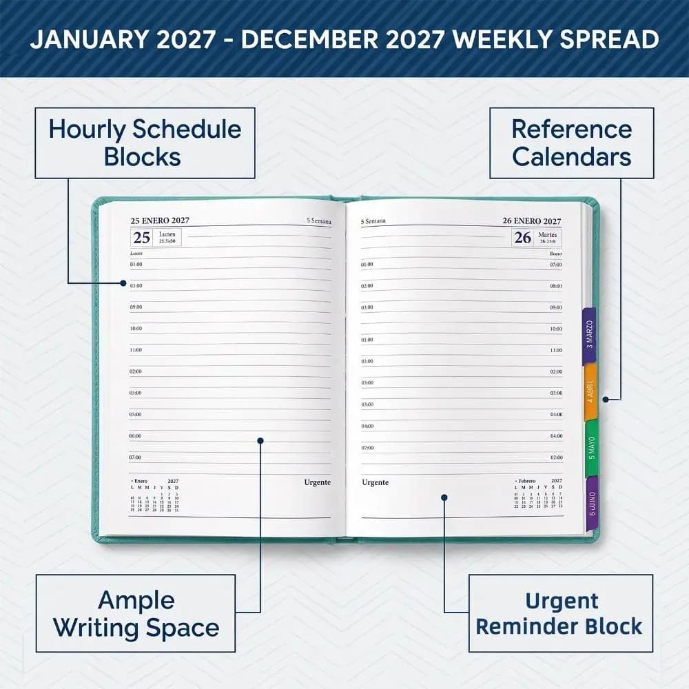 English 2027 Schedule Planner Notepad Wear-resistant 12 Months A5 Agenda Planning Notebook Leather Cover Portable