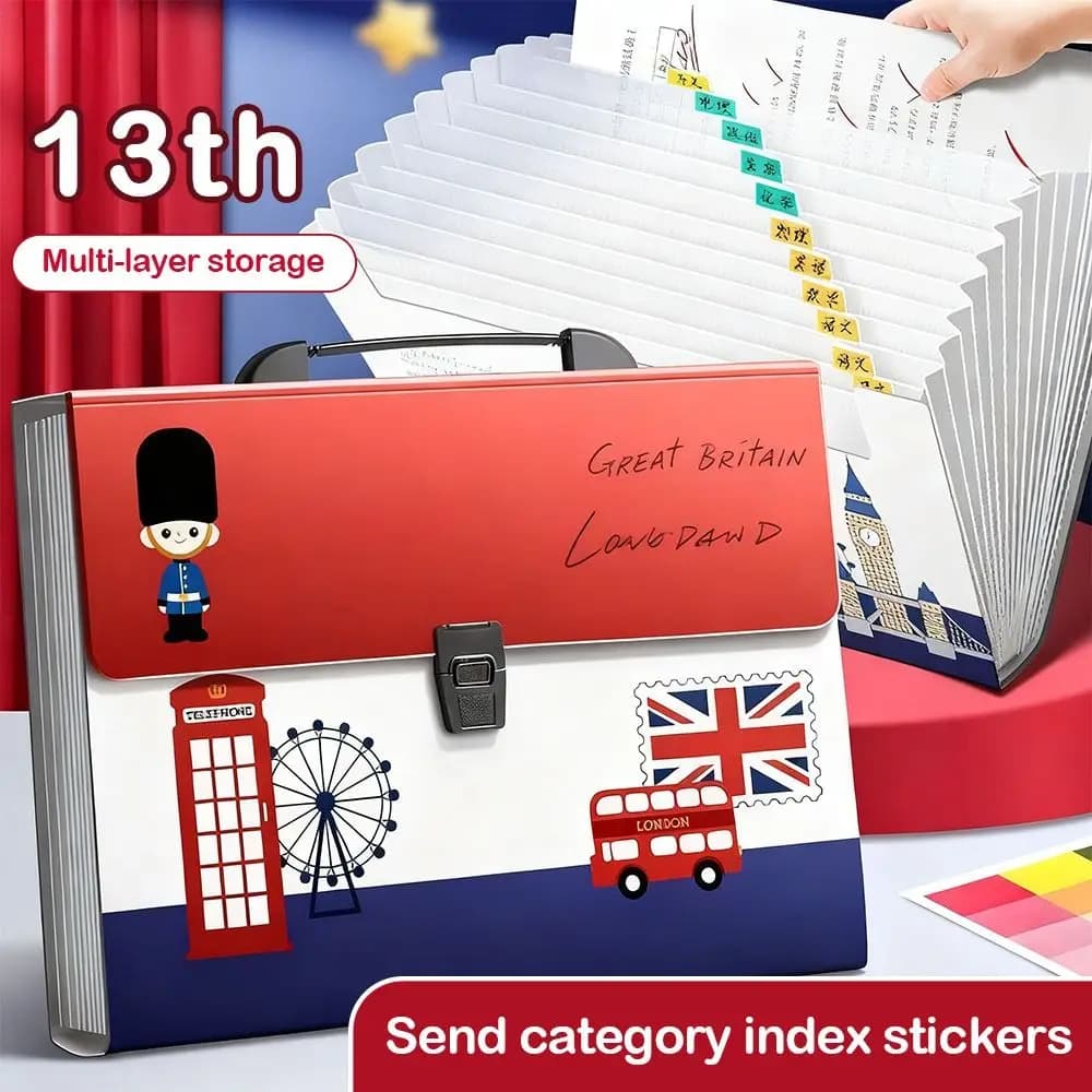 Cartella Espandibile Multifunzionale a 13 Scomparti Stile Britannico Grande Capacità Borsa Portadocumenti A4 Portatile per Organizzazione Dati Scuola Ufficio