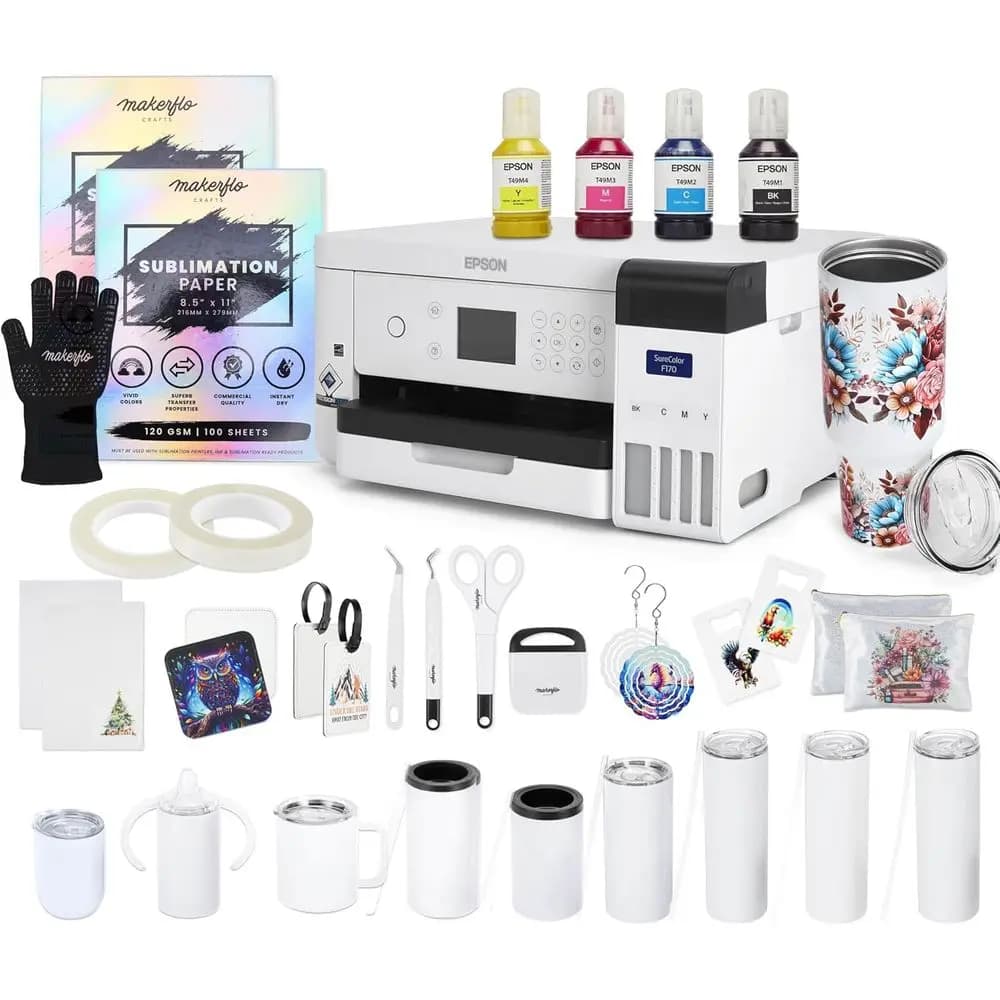Kit iniziale per sublimazione Surecolor 170 – Stampante con set di inchiostri, pacchetto di design, 10 bicchieri per sublimazione, carta per sublimazione, nastro adesivo