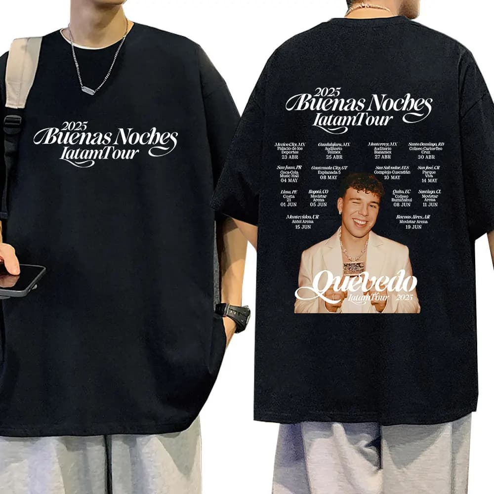 Rapper Quevedo 2025 Buenas Noches Latam Tour Maglietta Uomo Donna Abbigliamento Moda Hip Hop T-shirt in cotone oversize T-shirt casual
