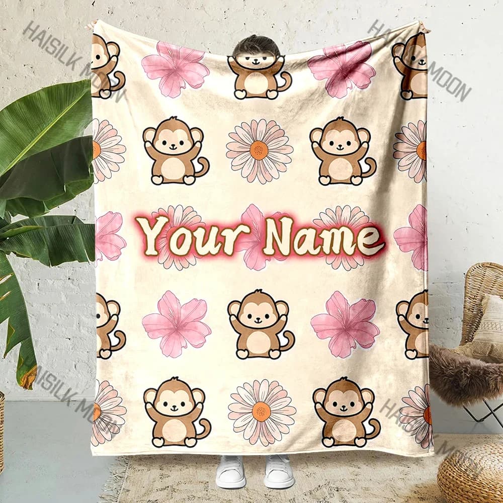 Nome personalizzato Fiori e scimmie personalizzati Stampa di cartoni animati Materiale in flanella Regali di lusso per bambini adulti morbidi e confortevoli
