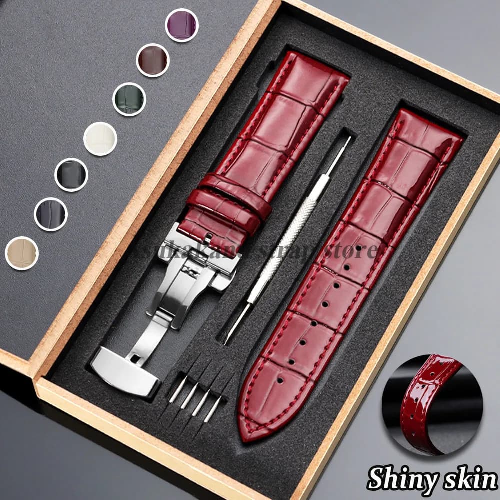 New 14/16/18/19/20/21/22mm polished leather watch strap for Seiko bracelets with butterfly buckle, women's and men's soft strap