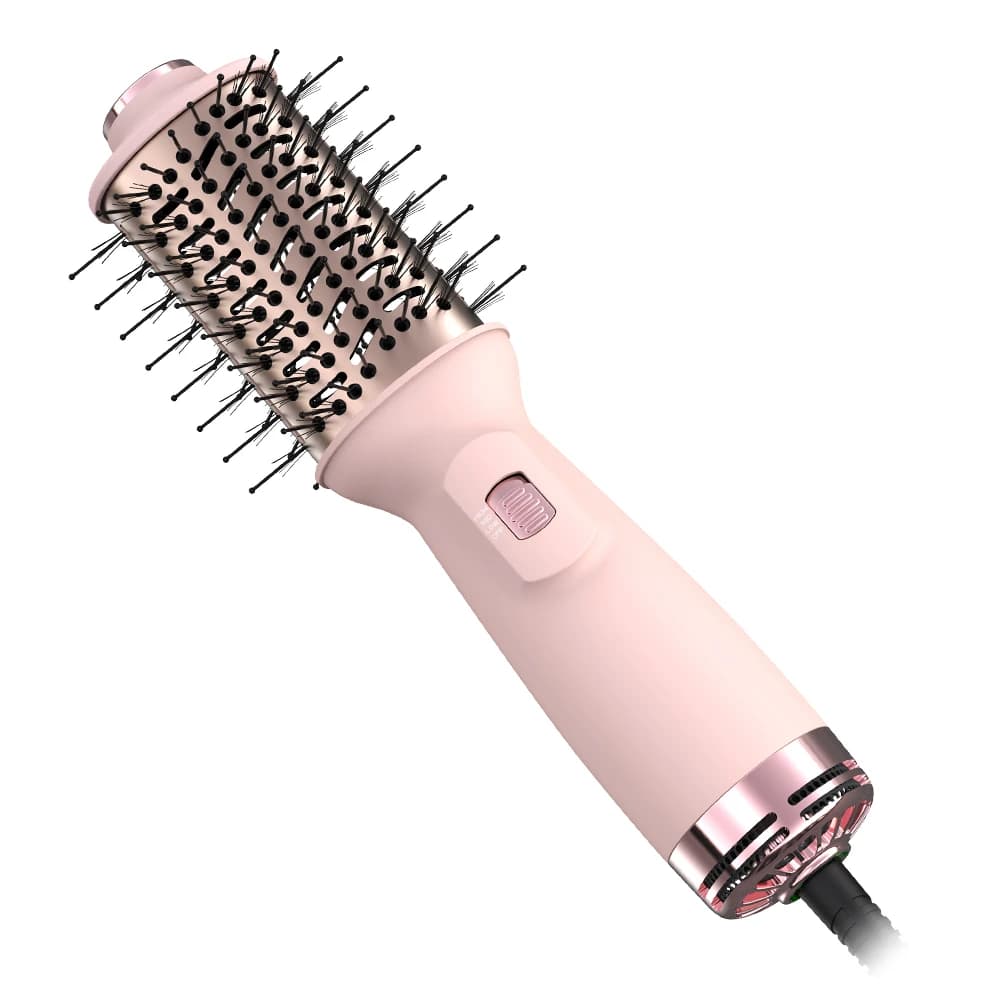 EMST Oem Double Voltage Hot Air Brush Hair Plate Iron Hair Dryer Mini Hot Air Brush Hair Iron Electric Hair Brush