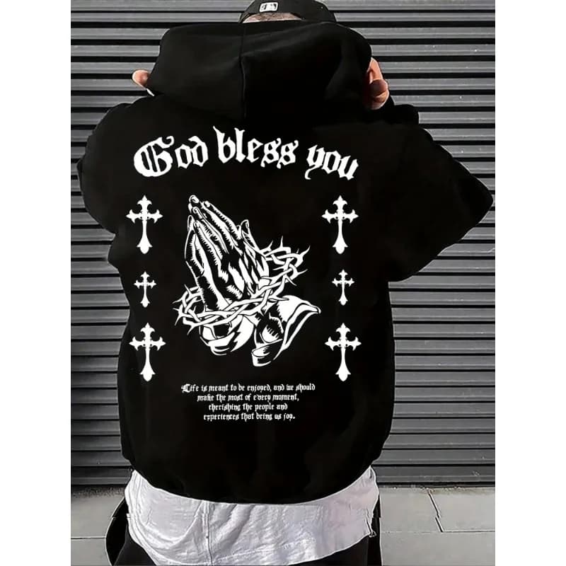 New European and American Style Men's gothic Cross Print Soft and Comfortable Hooded Sweatshirt, Outdoor High Street Clothing