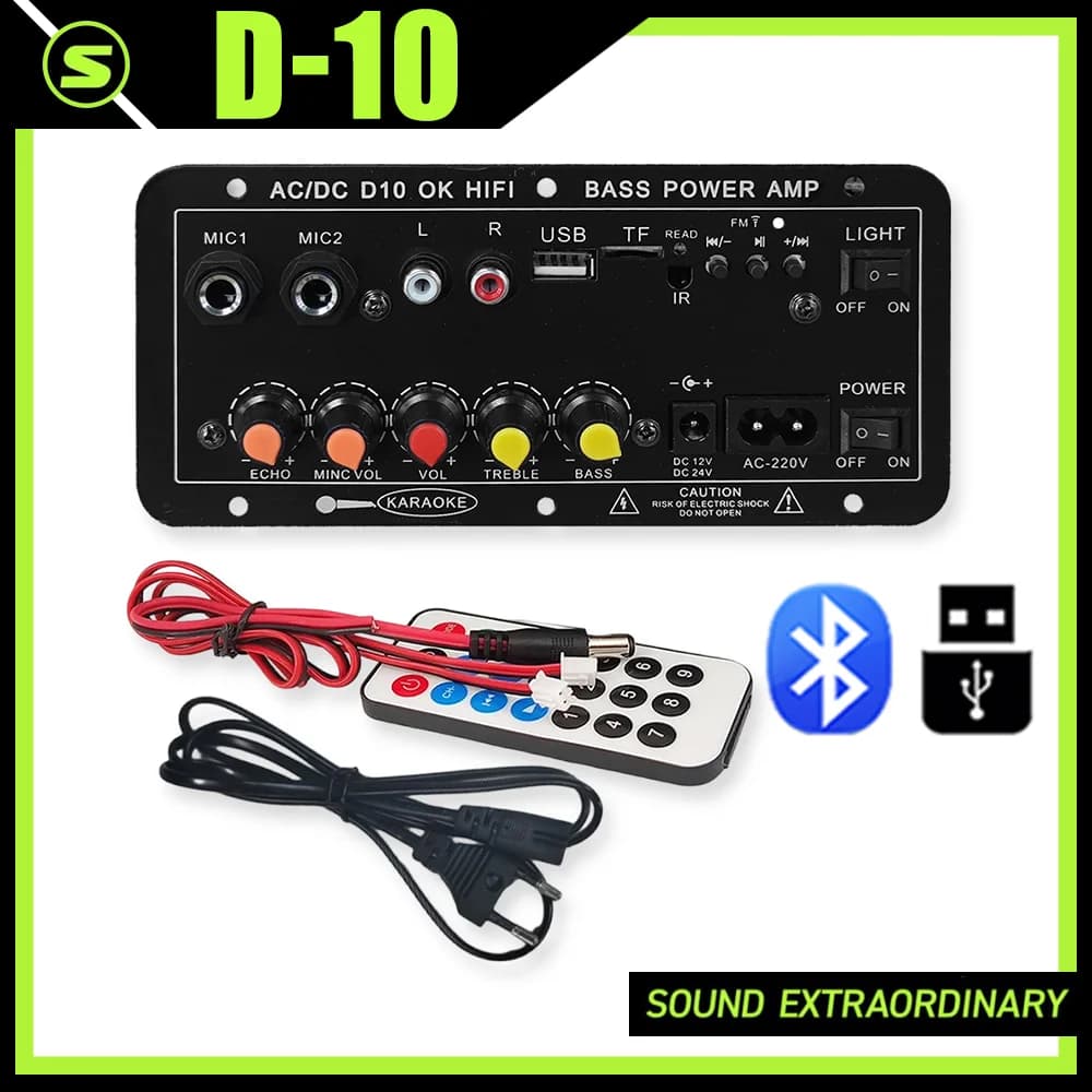 Audio Digital D10 Amplifier Card for Auto, Bluetooth Speaker HiFi Karaoke with Double Microphone, Subwoofer, USB, TF Card, 12V 24V 110V 220V