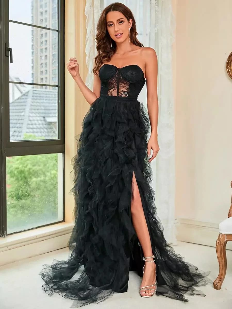 Customized Retro Tulle Lace Pleat A-line Strapless Long Dresses Bespoke Occasion Dresses Sexy Fashion Sizes Available Matching