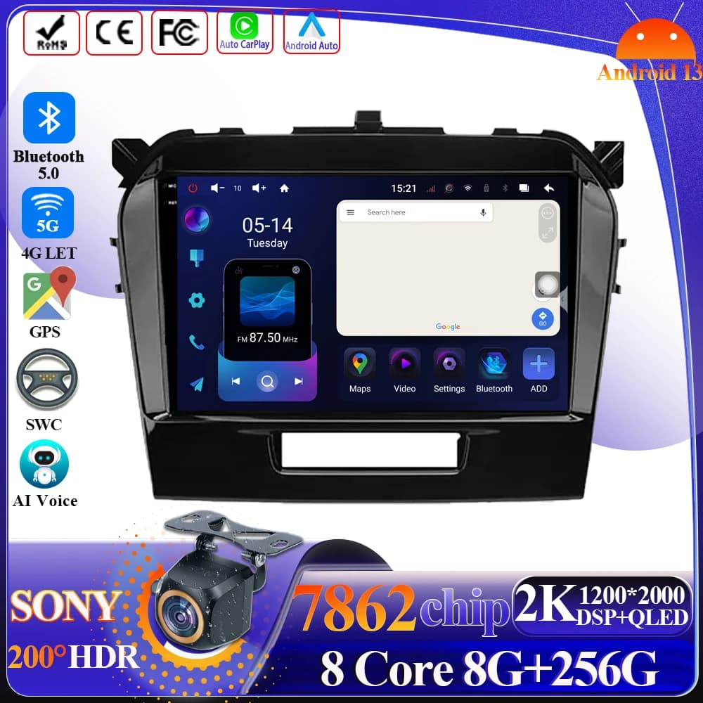 Autoradio Android Carplay Per Suzuki Vitara 2017-2020 Sistema Intelligente 8 core Lettore Multimediale 5G Wifi GPS USB Touch Display