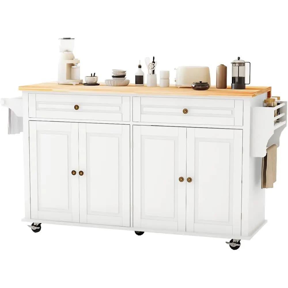 Isola da Cucina Bianca con Ruote, 67 Pollici, con Piano Ribaltabile, Armadietto e Porta Spezie/Asciugamani
