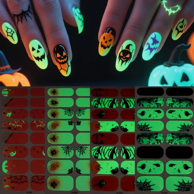 Halloween Glow Dark Nail Polish Film Nail Stickers Set Shiny Party Self Adhesive Nail Art Decals Manicure Handmade Craft Sets