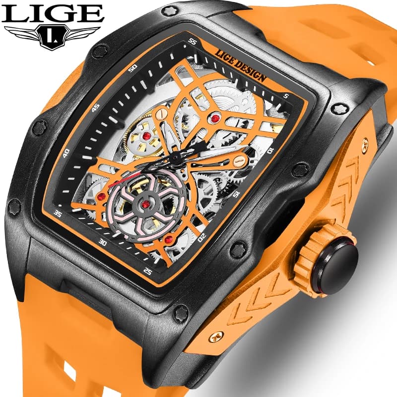 LIGE Square Casual Sports Fashion Luxury orologio meccanico da uomo Hollow Gear orologi automatici da lavoro luminosi impermeabili per uomo