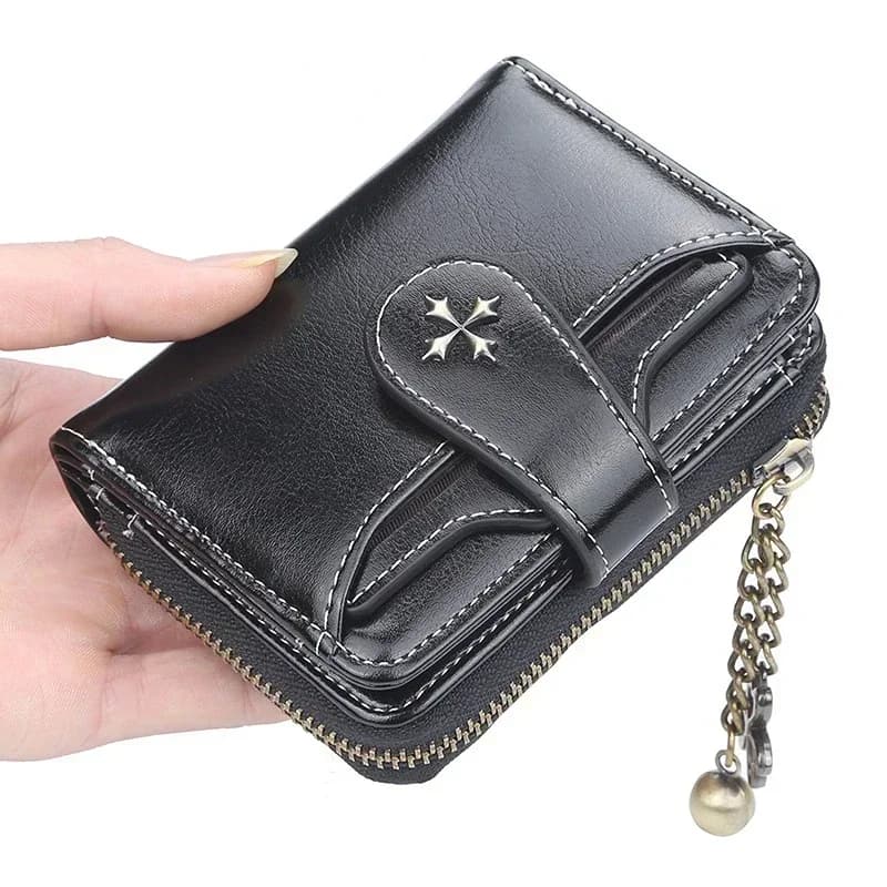 Portafoglio corto da donna con catena, pochette in pelle PU piccola con portamonete e porta carte