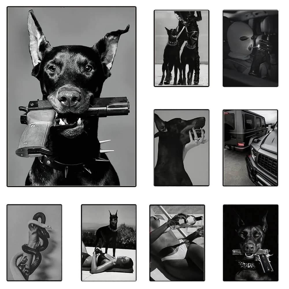 Quadro su tela senza cornice 1 pezzo, stile Hypebeast, moderno, bianco e nero, Doberman con pistola, poster di lusso e moda, leopardo, tigre, cane, dipinto su tela