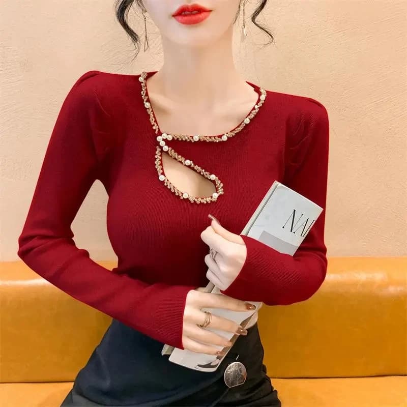 Maglione da donna Primavera e autunno Scollo a V Trapano per unghie cavo Ago carino Moda Camicia che tocca il fondo Maglione Camicetta Abbigliamento da donna