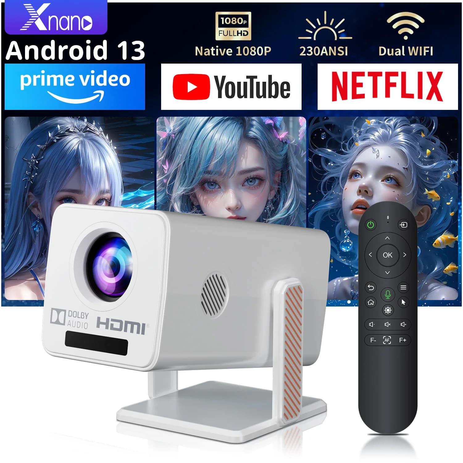 Proiettore Xnano 4K Android 13 Dual WiFi5 300ANSI Amlogic T950S BT5.2 1920*1080P Home Theater Cinema Mini proiettori portatili