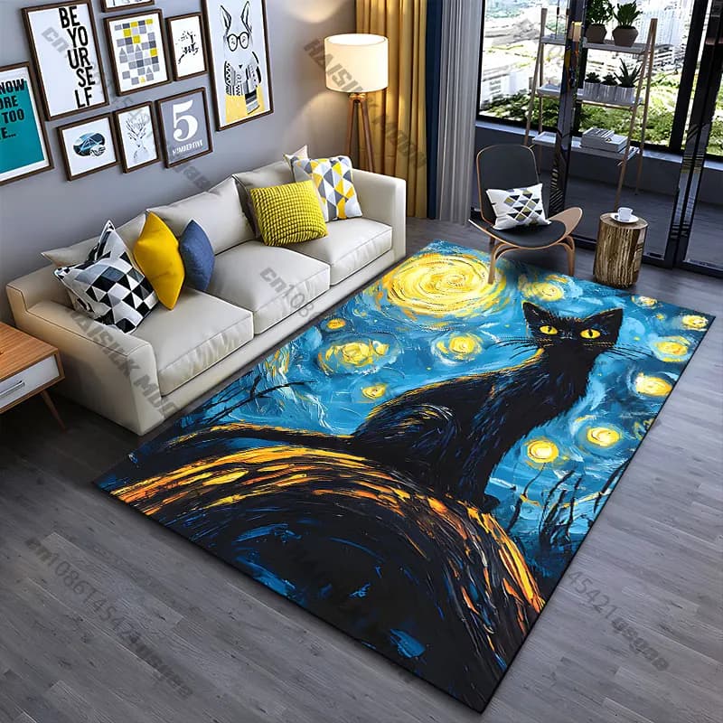 Tappeto con gatto sotto una notte stellata, tappeto da yoga, decorazione per soggiorno, tappetino per bambini, tappetino per gattonare, tappeto per area giochi