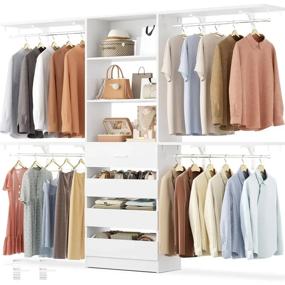 Closet System with Ders, Wood Closet Organizer System with 4 Hanging Rods & Top Shelves, Walk-in Closets Organizer Wardrobe Clot