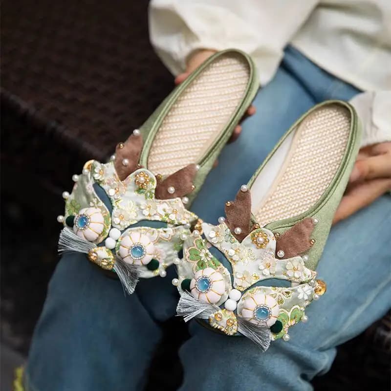 Nuovo Guofen Testa di Tigre Scarpe da Donna Intrattenimento Musiche E Capispalla in Lino Ventilato con Fondo Piatto Pantofola con Puntale in Stile Etnico Cinese