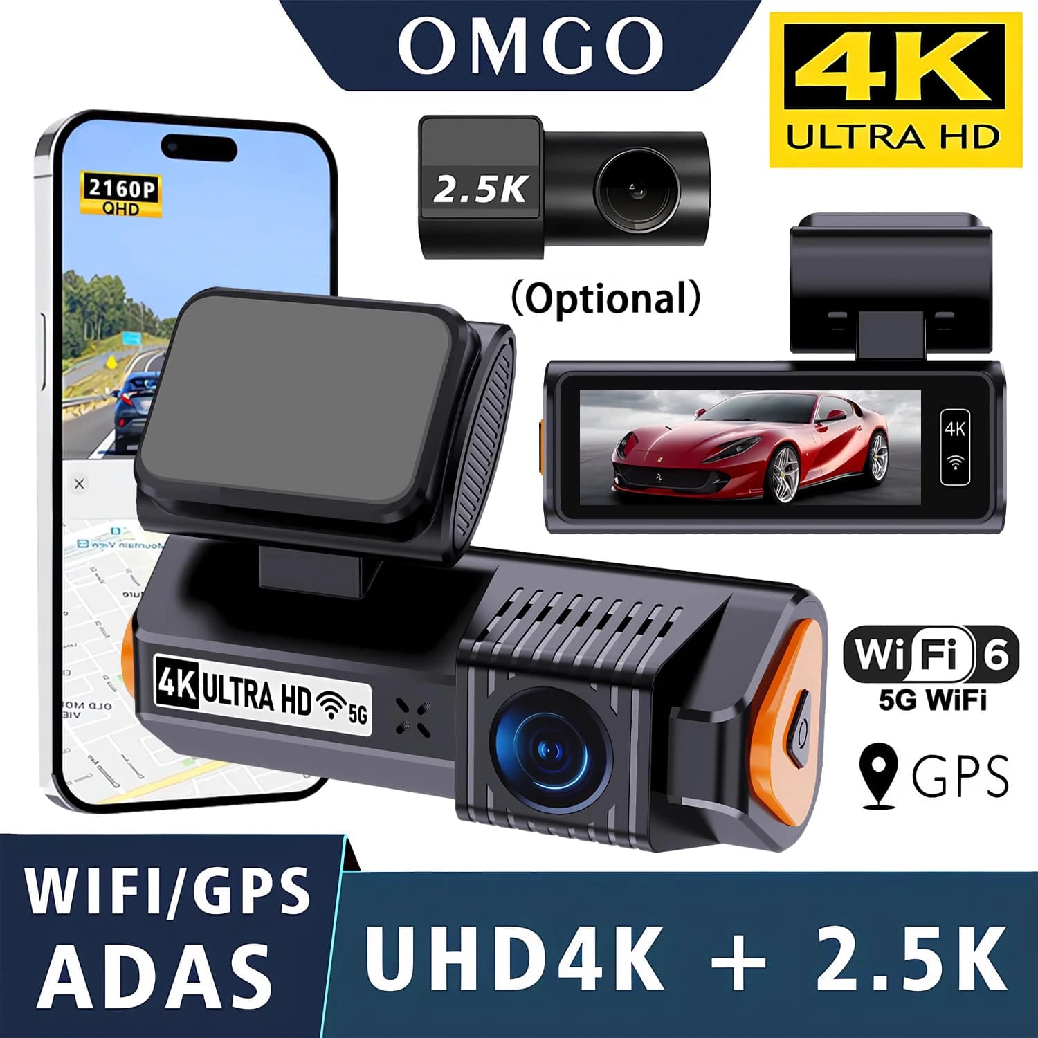 Dash Cam 4K+2.5K ADAS con GPS, WiFi 5G, Visione Notturna 24H, Mini Telecamera Posteriore Opzionale, Registratore Video DVR per Auto, Scatola Nera per Veicoli