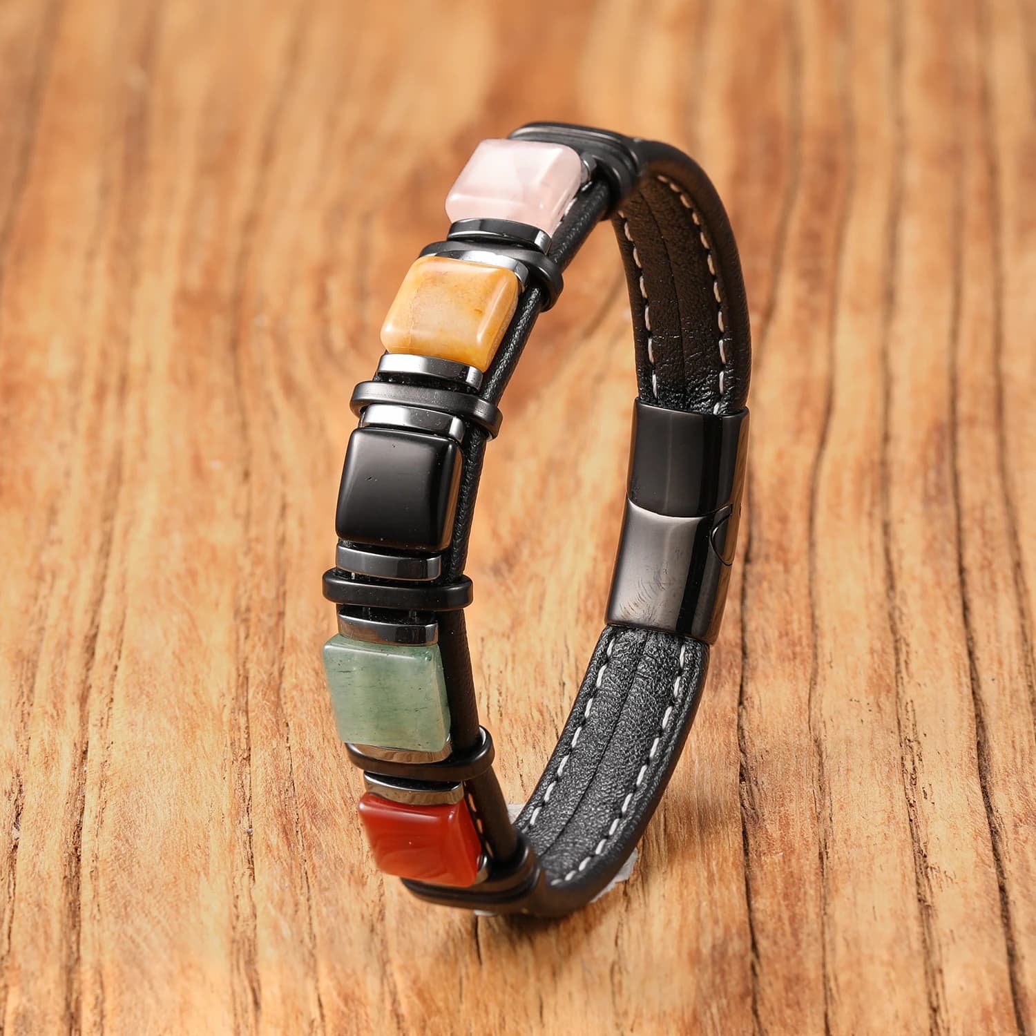 . Pietra colorata naturale, braccialetto con cordoncino in pelle, chiusura in acciaio inossidabile, regalo di gioielli in cristallo curativo Boho Chic per donne e uomini