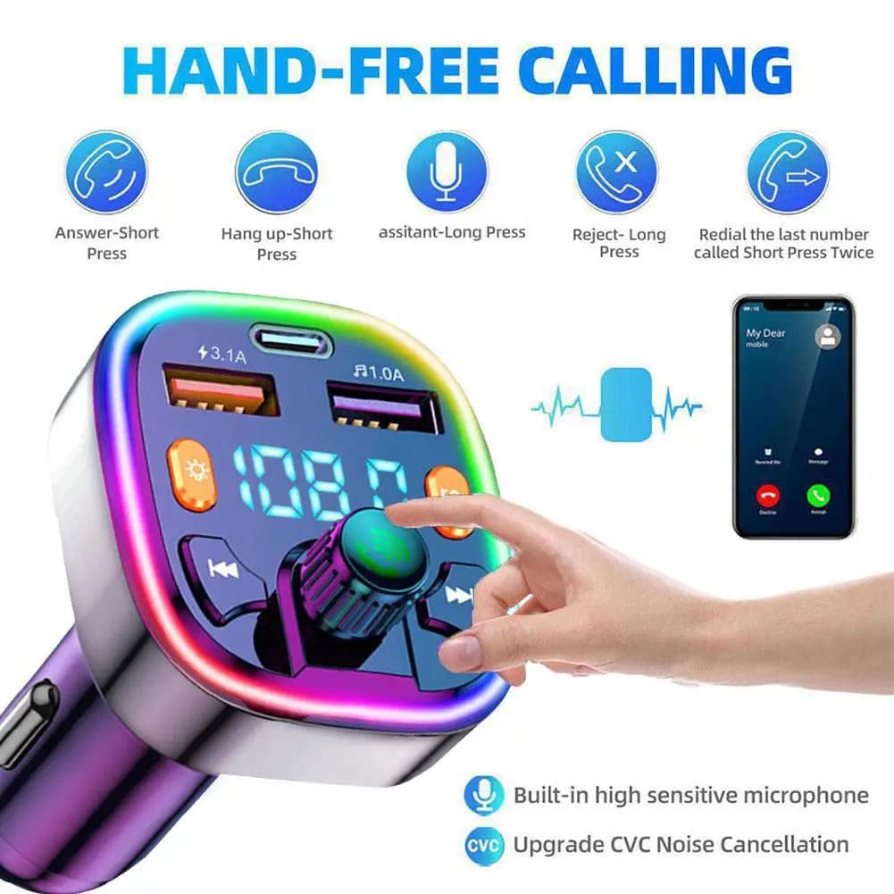 Trasmettitore FM Bluetooth 5.0 per auto PD Tipo-C Doppio USB Ambiente MP3 Modulatore vivavoce veloce Caricatore per lettore 3.1A Luce colorata I2S1