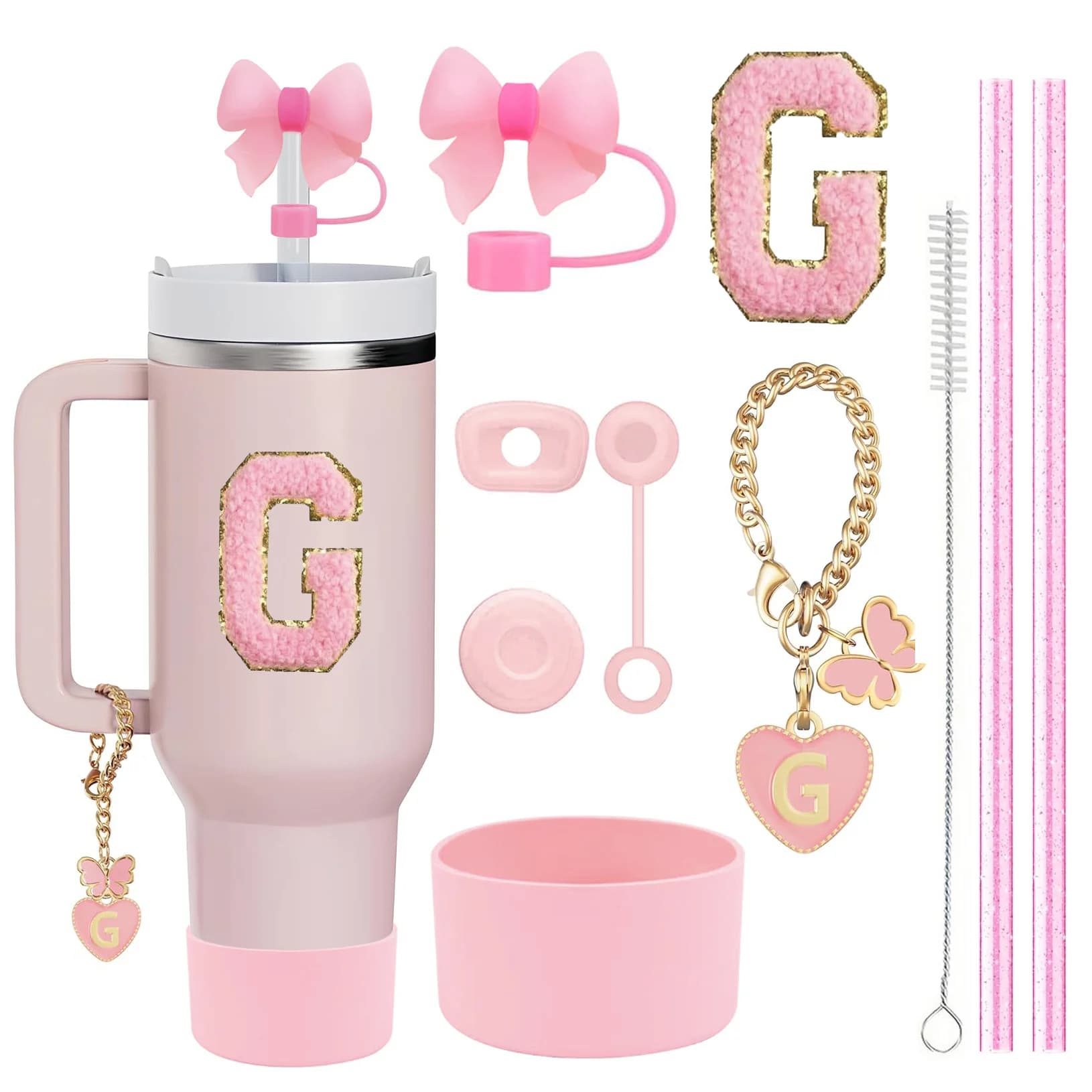 Set di 10 Accessori per Stanley Cup, 2 Cannucce e Spazzolino, 1 Catena con Ciondolo a Fiore, 3 Tappi Antigoccia, Copri-Cannuccia a Fiore