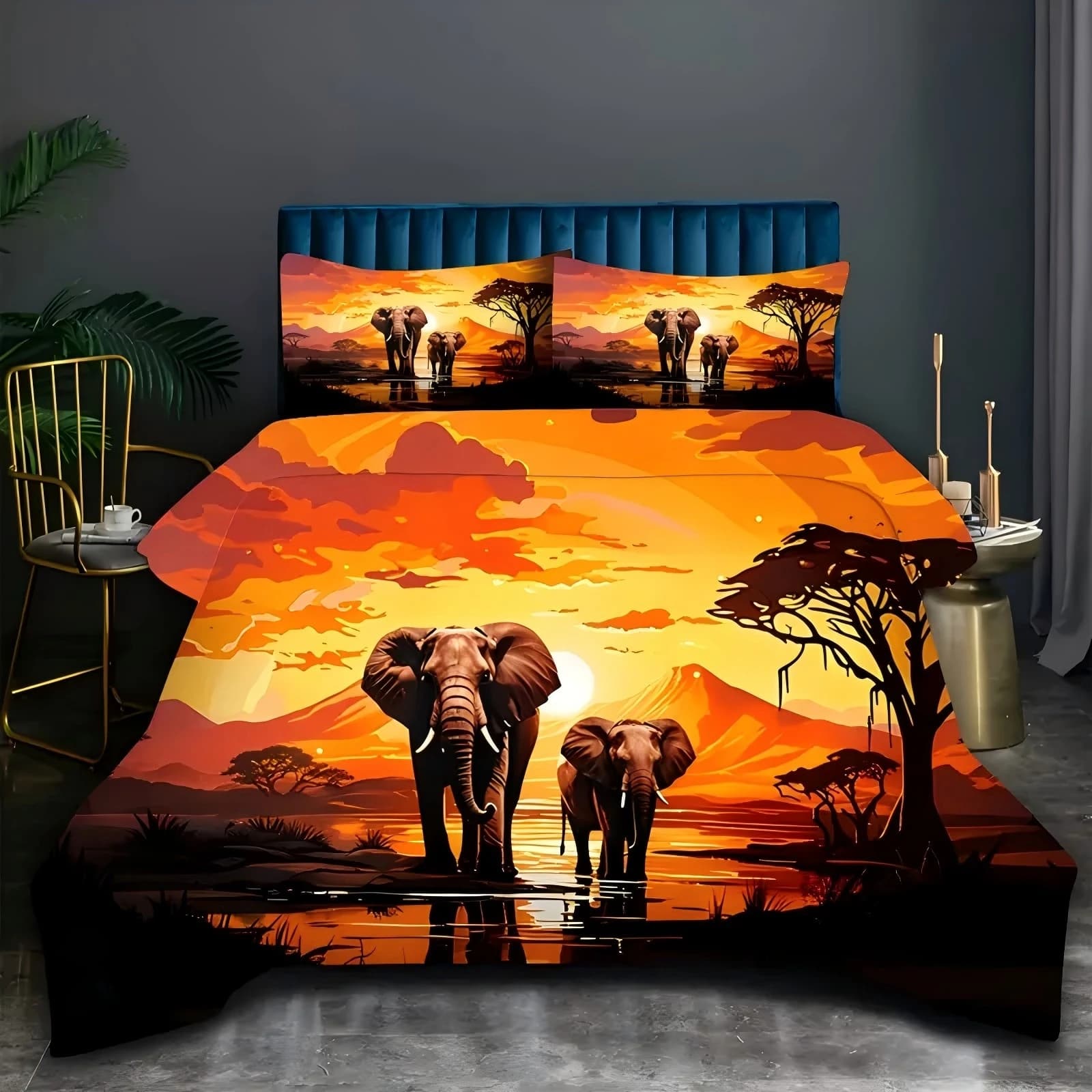 Copripiumino con elefante della prateria africana Sunset Mountain Range Set di biancheria da letto morbido e confortevole Federa per copripiumino a tema Wildlife