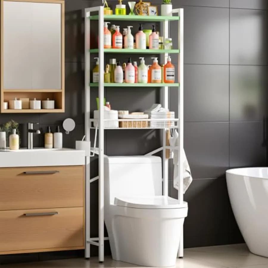 Over-The-Toilet Storage Rack 4-Tier Bathroom Organizer Shelf Over Toilet with Adjustable Shelf and Basket Freestanding Space Sa