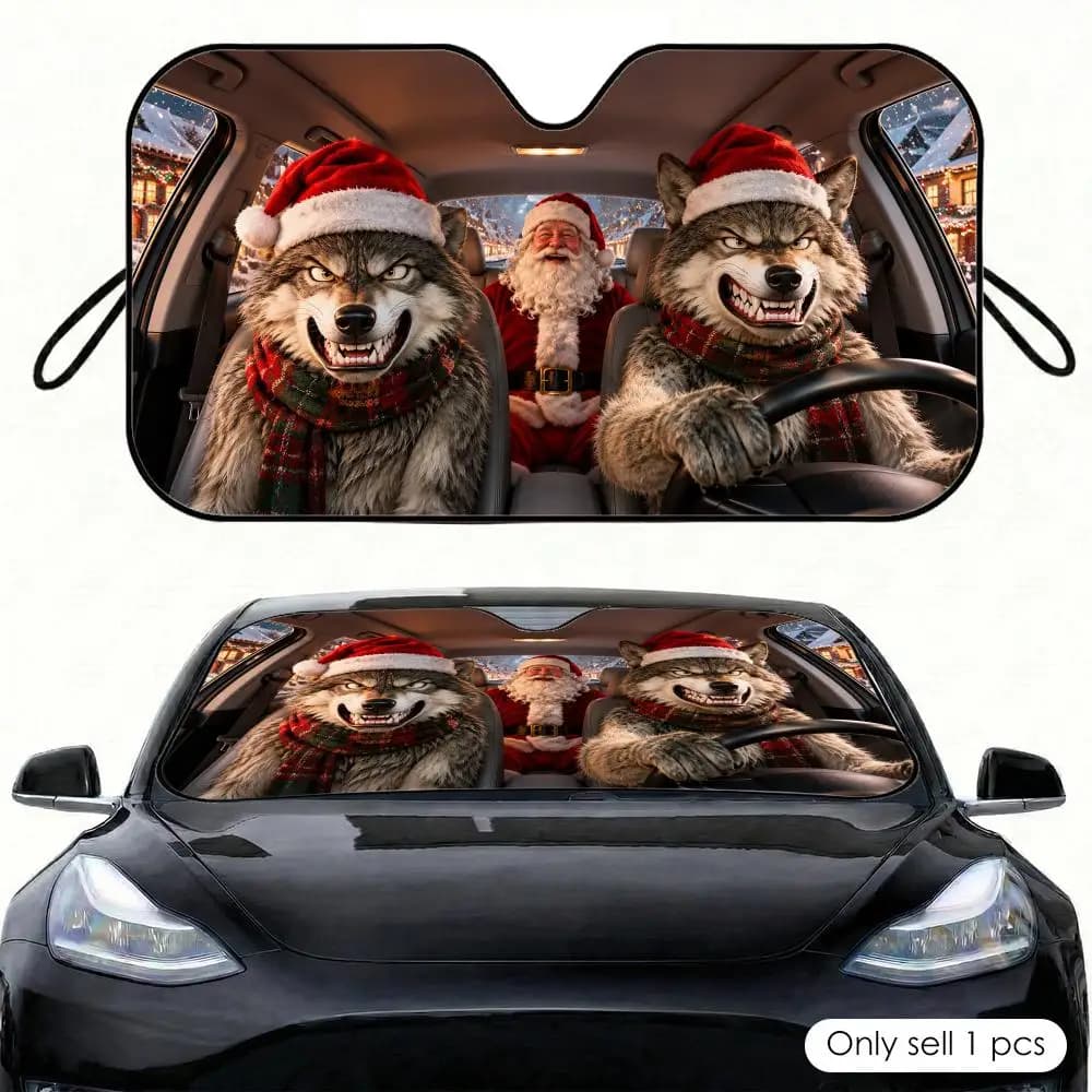 Grey Wolf and Santa Claus Sun Visor Portable Car Front Windshield Sun Curtain Heat Insulation Auto Sun Protection Accessory