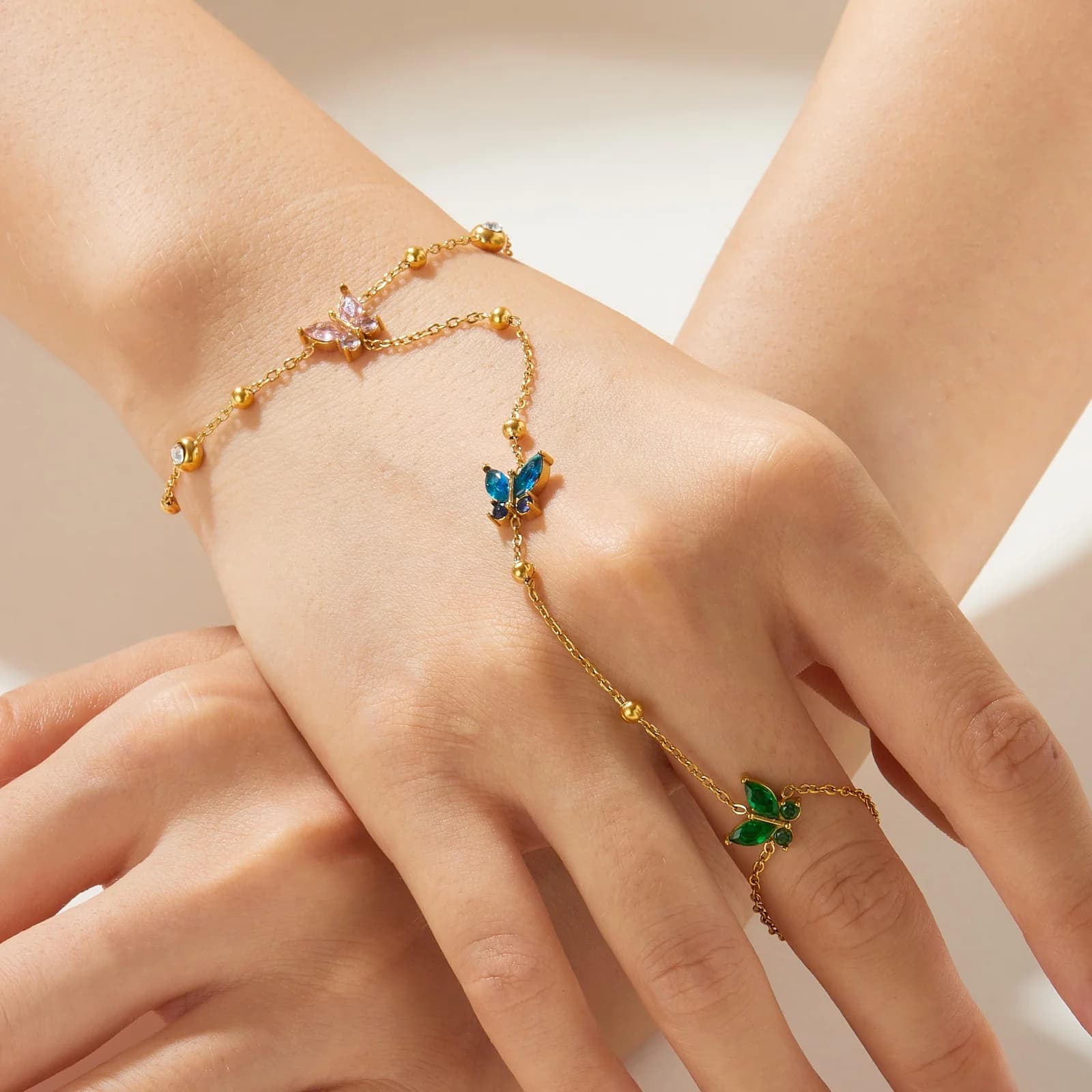 Stainless Steel Colored Zircon Butterfly Golden Finger Bracelet Women Sweet Hand Chain Waterproof Charms Jewelry