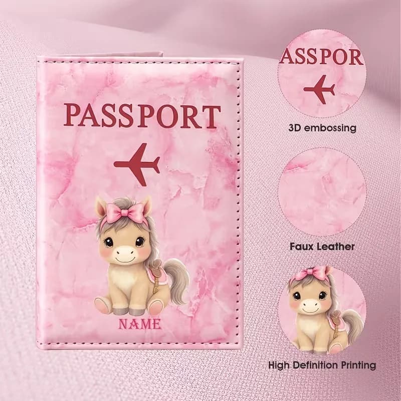 Personalized Custom Name Cute Pony Illustration Design PU Passport Holder, Featuring a Pink Bow And an Adorable Pony Image That