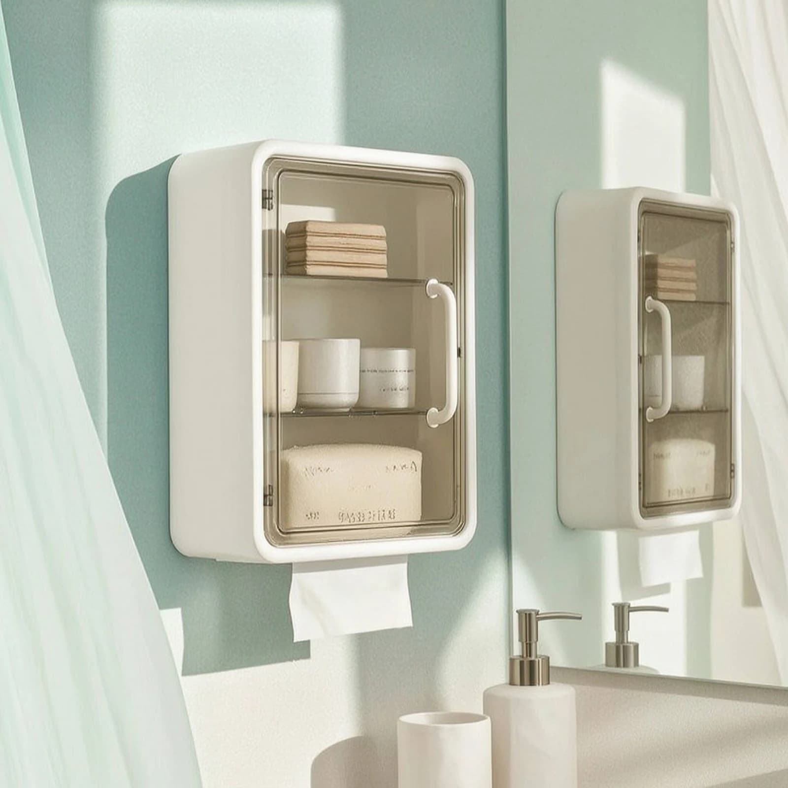 Wall Cabinet with Tissue Dispenser Transparent Wall Storage Box with Door Bathroom Organizer with Shelves Space-Saving