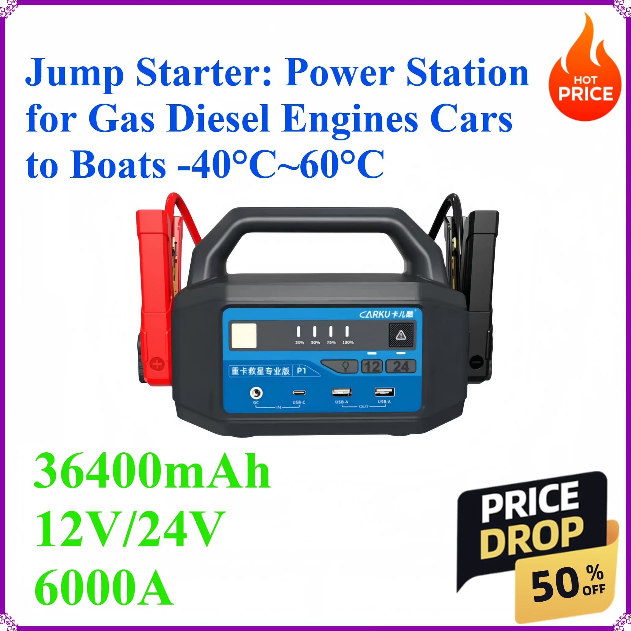 Avviatore di Emergenza 12V/24V 36400mAh 6000A: Power Station per Motori a Benzina e Diesel, Auto e Barche -40 ° C~60 ° C