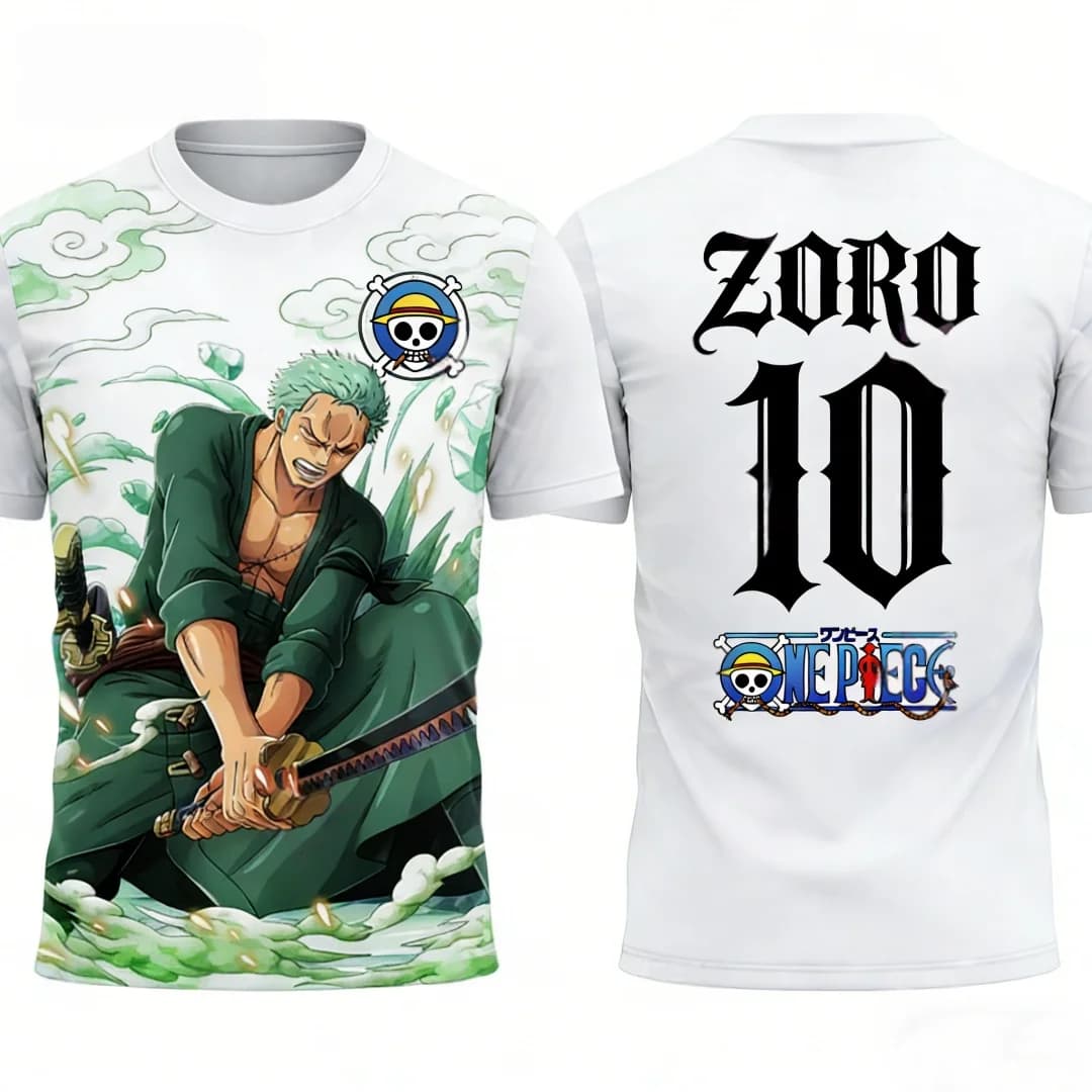 T-shirt a maniche corte traspirante ad asciugatura rapida per genitori e figli, con stampa grafica 3D di Zoro di One Piece, co-brandizzata con Bandai Anime.