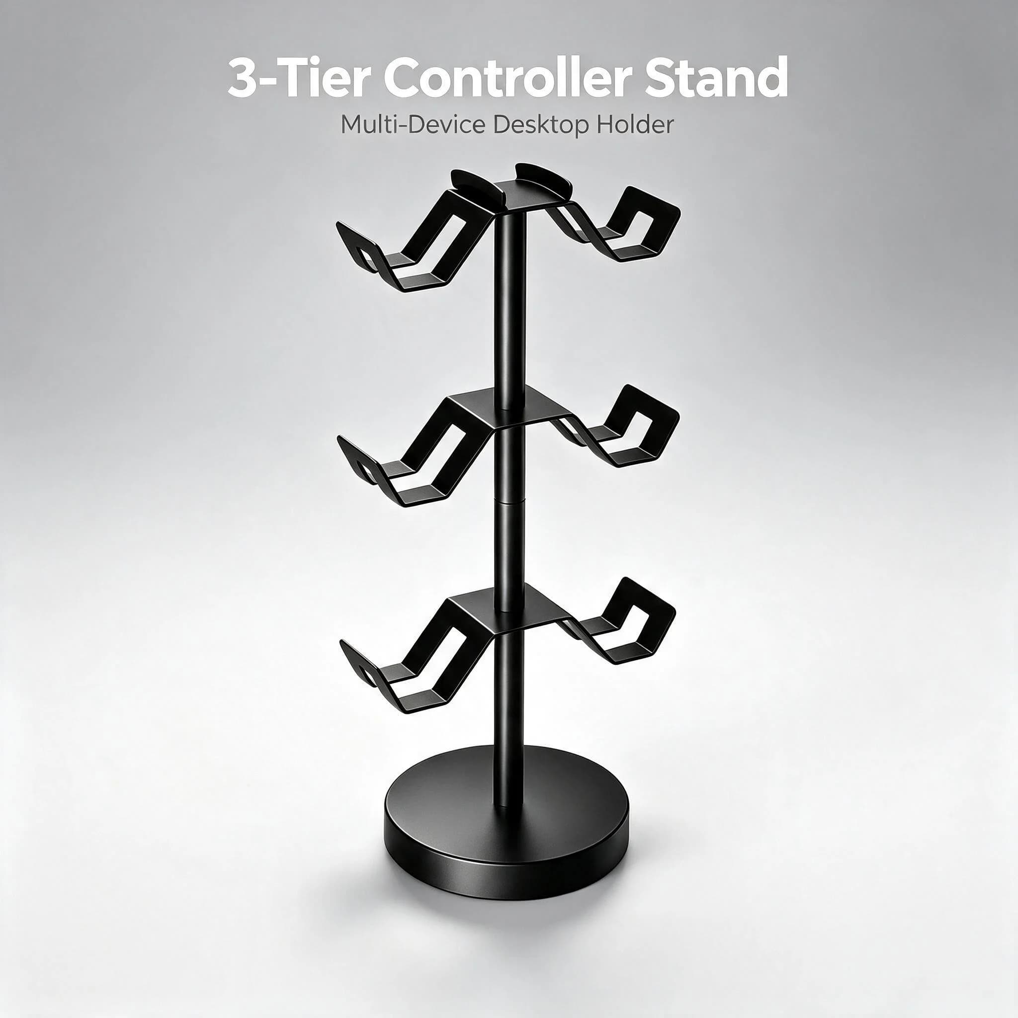 Three-Layer Game Controller Storage Rack, Iron Art Multifunctional Stand for Headphones and Remote Controls, Large Capacity Desktop Vertical Game Controller Holder That Can Hold 6 Switch Controllers, No-Drill Black Weighted Base, 1 Piece