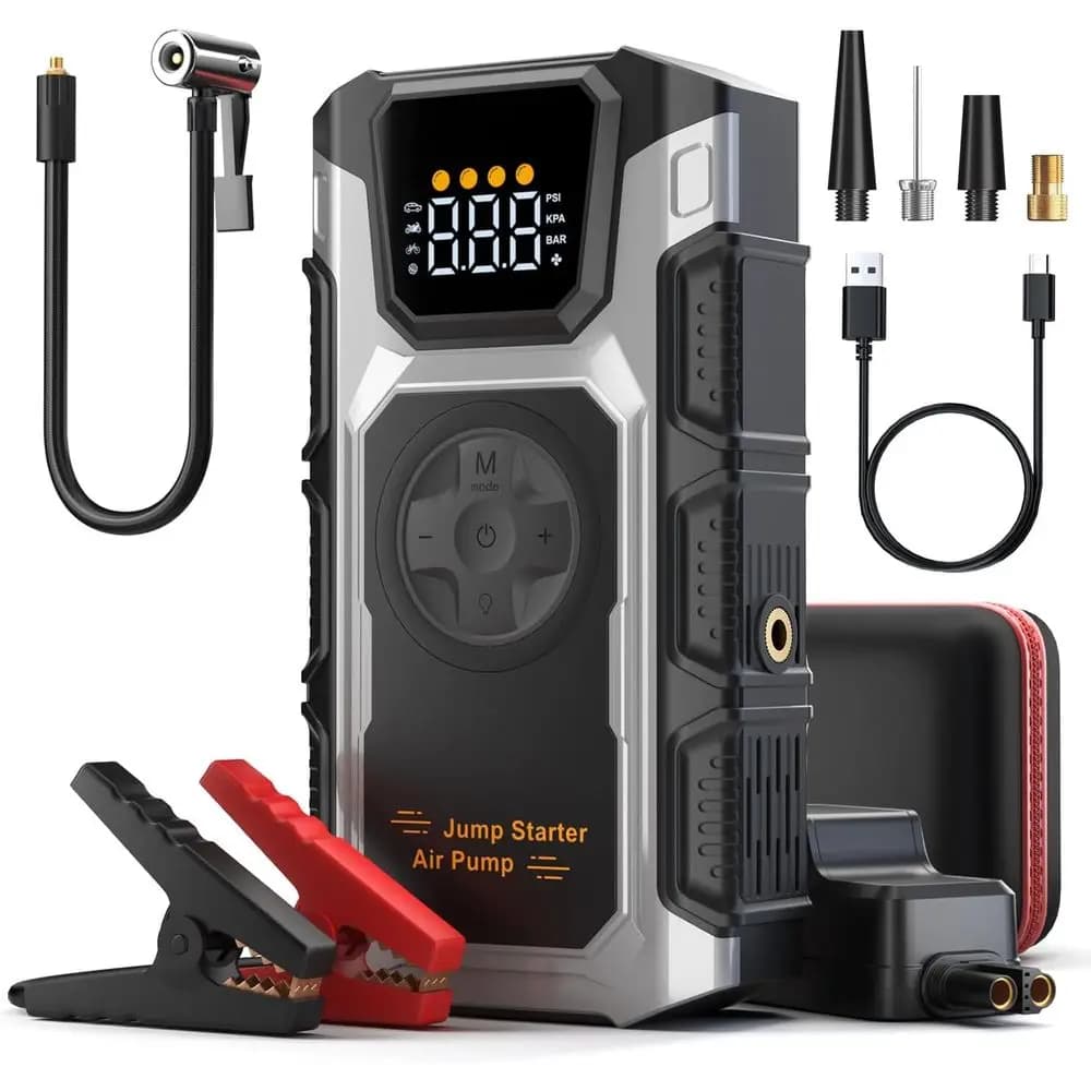 Compressore d'aria portatile da 150 PSI con avviatore di emergenza, booster per batteria auto 12V con luce LED e cavi intelligenti
