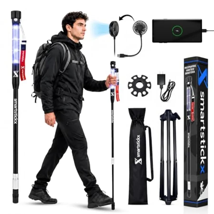 Tactical Walking Stick for Outdoor Hiking, Aircraft-Grade Aluminum, Black, Dual LED Light + 10000mAh Emergency Power Bank