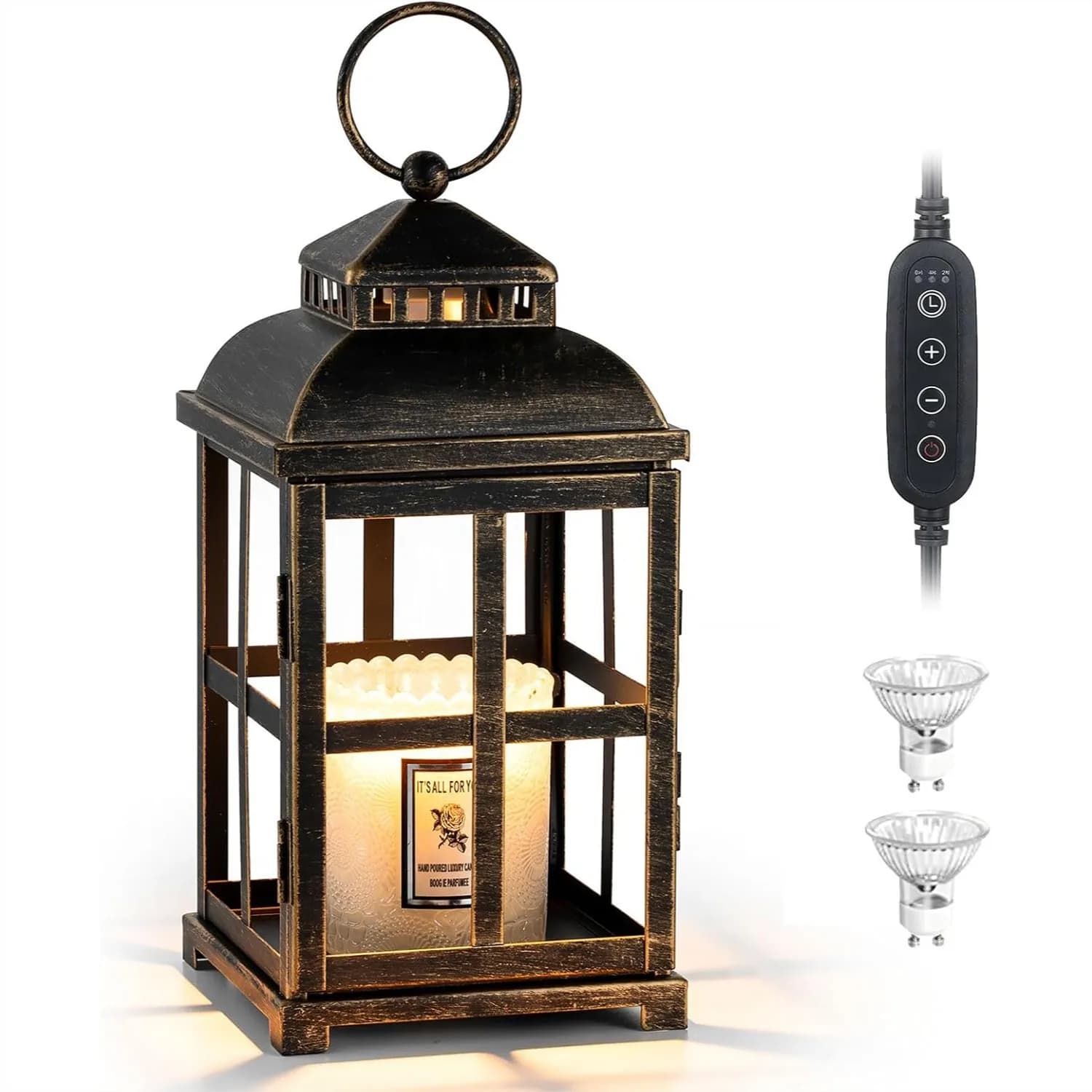 Lampada Scaldacera con Timer 11 pollici, Lanterna Scaldacera Grande Stile Rustico per Candele a 3 Stoppini, Nero, Decorazione Rustica per la Casa, Scaldacera Elettrico Dimmerabile