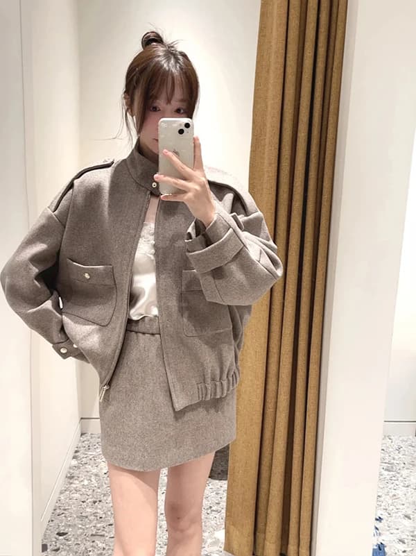 Giacca in Misto Lana con Zip per Autunno e Inverno, Cappotto Ultra Corto con Colletto Alto, Set da Donna Caldo a Maniche Lunghe in Tinta Unita, Stile Casual