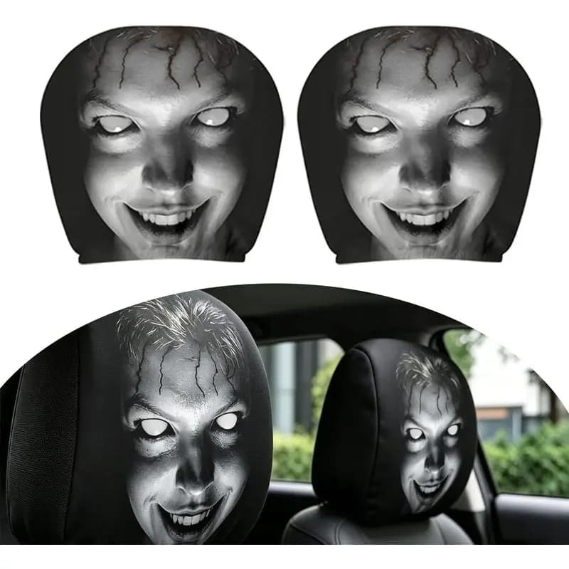2PCS Ghost Face Headrest Covers | Elastic Scary Face Headrest Car Seat Covers, Halloween Spooky Prank Car Accessories
