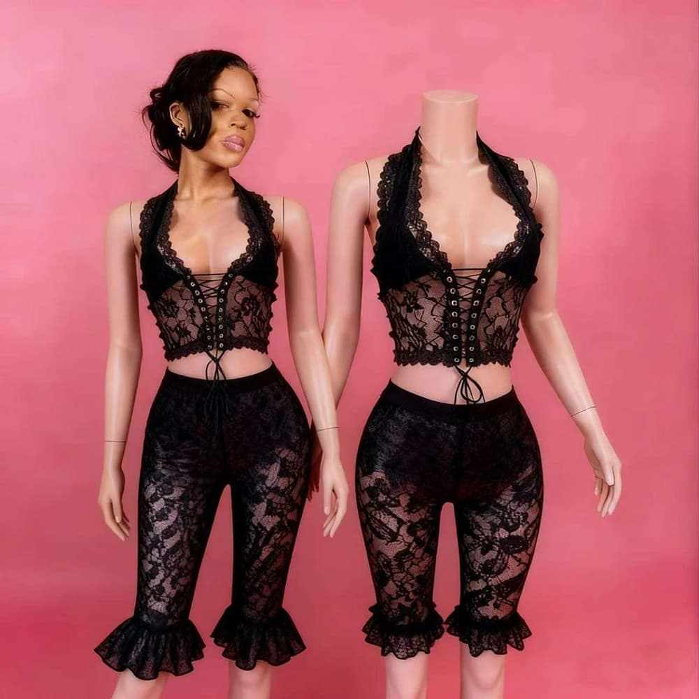 Trendy Women's Sexy Crop Top and Short Leggings Set Lace Mesh Two-Piece Outfit for Nightclub Wear 2026 New Matching Sets
