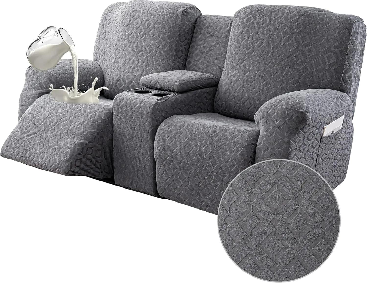 Waterproof Reclining Cover with Console, Elastic Protection for Children and Pets, Dark Grey