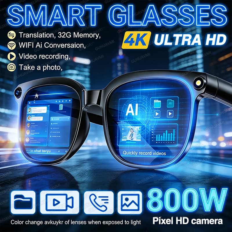 Smart AI 2026 Men's Glasses, New with 800W HD 4K Camera, 32GB Memory, 120+, ChatGPT, Music, Scatto Photos and Videos, Sunglasses