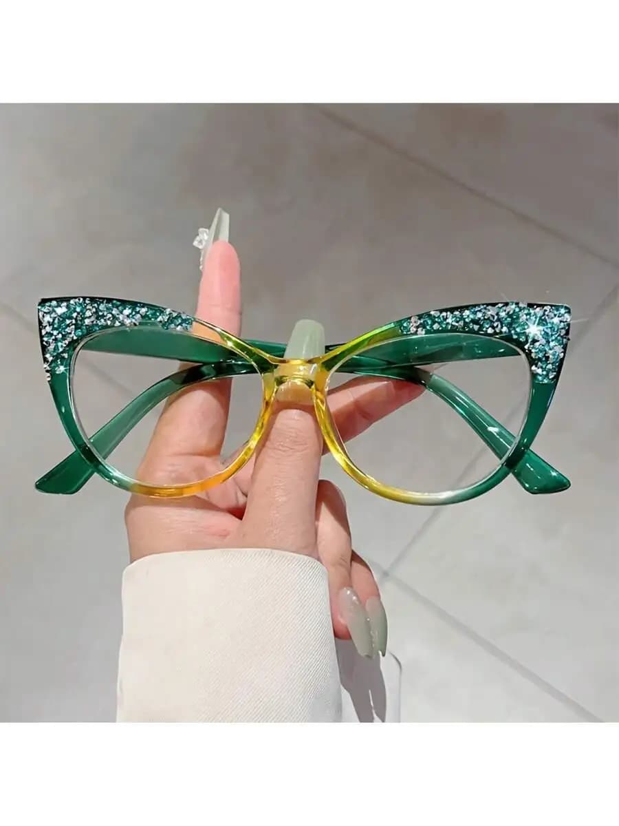 Occhiali da Vista Donna con Montatura Completa Stile Cat Eye, Decorazione con Strass, Montatura Trasparente in PC, Occhiali Decorativi alla Moda