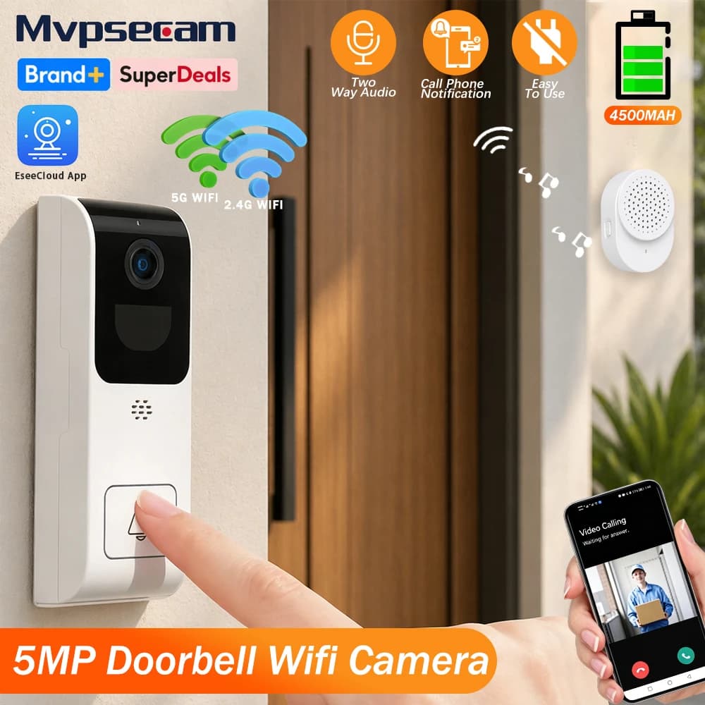 Campanello Video Wireless 5MP 5G 2.4G WiFi con Audio, Batteria 4500mAh, Sicurezza Domestica Intelligente, Notifiche Telefoniche EseeCloud