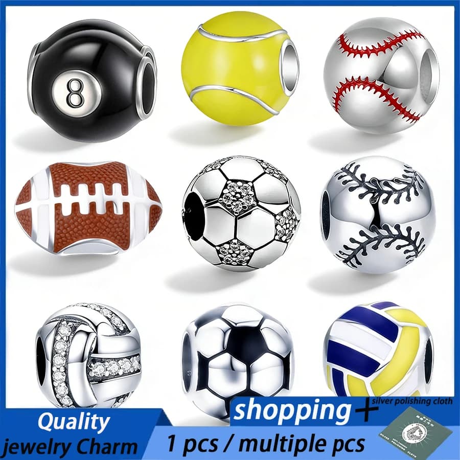 Vendita Calda: Perline in Argento Sterling 925 a Forma di Palla da Tennis, Baseball, Calcio, Pallavolo, Compatibili con Gioielli Originali Fai-da-Te, Regalo per Donne