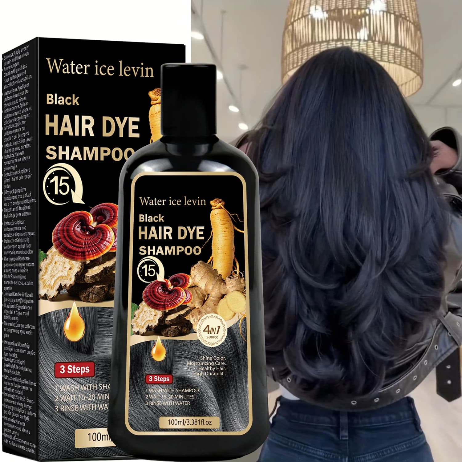 Shampoo Colorante per Capelli al Sesamo Nero, Ginseng e Reishi Formula Naturale a Base di Erbe 4-in-1. Coprì le zone grigie, idrata, dona una lucentezza sana. 100ml